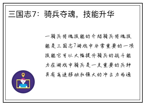 三国志7：骑兵夺魂，技能升华